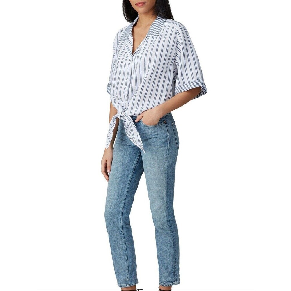 Fifteen Twenty Women's White Contrast Tie Knot Top Medium Blue Stripe Linen Sz S